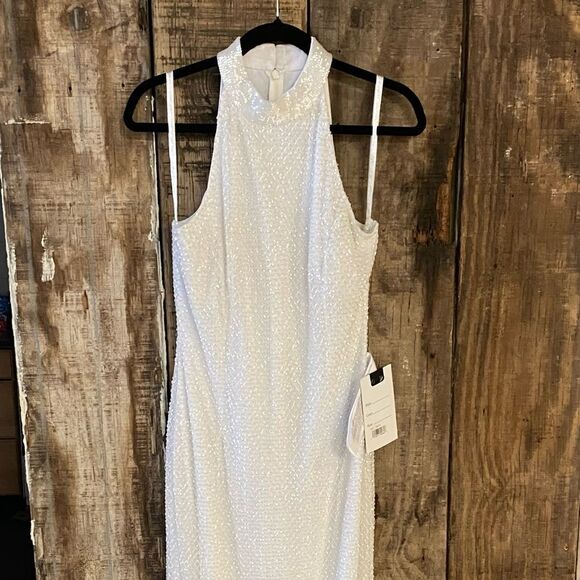 NWT Mac Duggal White Hand Embellished Halter Neck Midi Sheath Dress beaded Sz 8 - Picture 12 of 12
